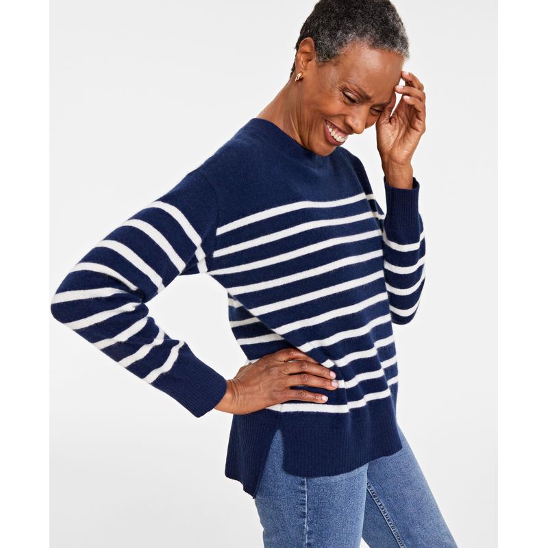 Women's 100% Cashmere Striped Drop-Hem Sweater
